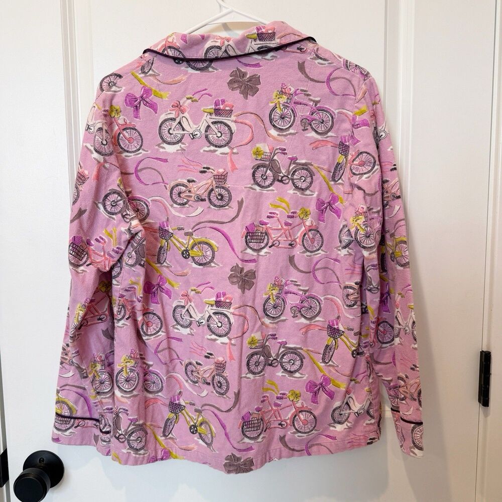Nick & Nora Pink Bicycle Flannel Pajama Button Top Size Medium Cozy Warm Soft - Picture 4 of 6